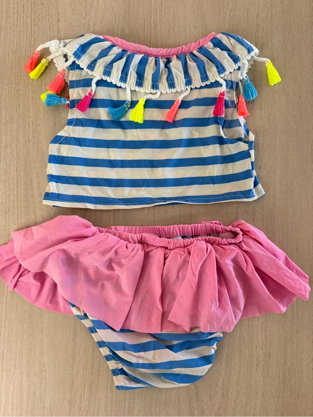 Mud Pie Blue & Pink Striped Tassel Ruffle Two-Piece Swim Set Bathing Suit 3T